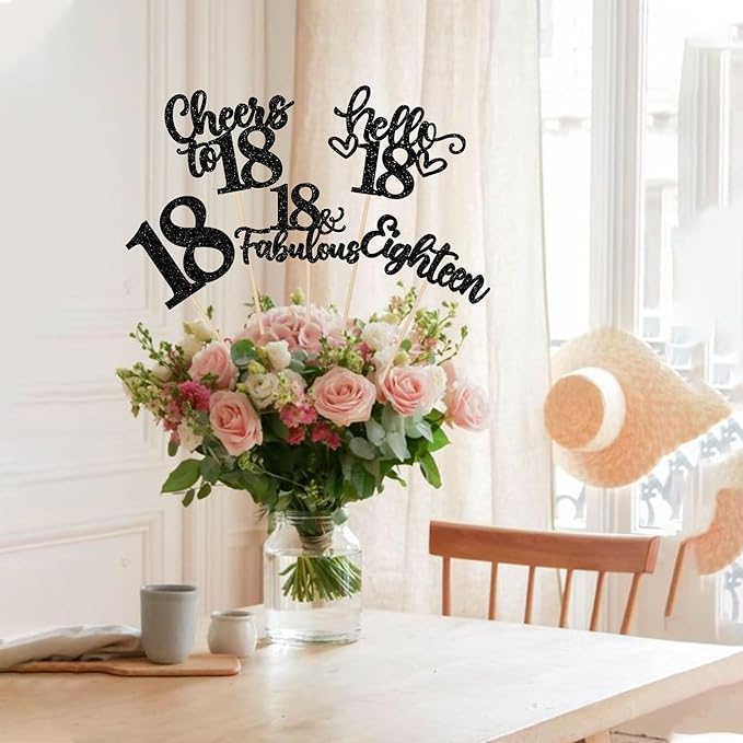 15PCS Happy 18th Birthday Centerpiece Sticks Hello 18 Cheers to 18 Birthday Table Flower Centerpieces Sticks Eighteen 18 Fabulous Floral Decorations for 18th Birthday Party Centerpieces Supplies Black