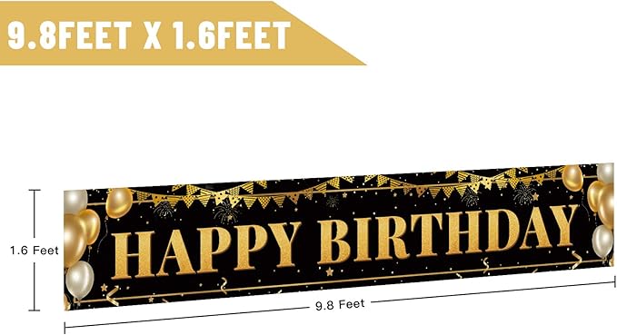 Black Gold Birthday Banner for Happy 1st to 100th - Boys, Girls, Men & Women - Reusable Decorations - Indoor Outdoor Party Supplies - 9.8x1.6 FT