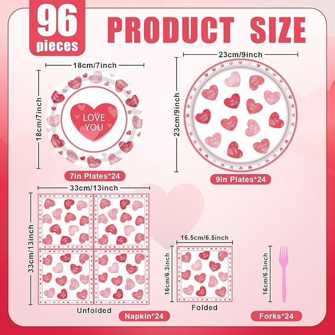 96 Pieces Valentine’s Day Tableware Set – Red and Pink Heart Message Disposable Plates, Napkins, Forks For Valentine’s Parties, Weddings, Anniversaries, Romantic Dinners – Serves 24 Guests