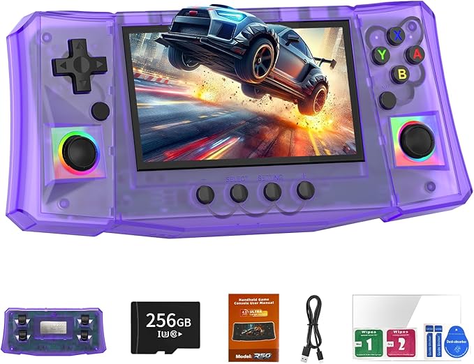 FVBADE 【50000 in 1】 R50 Ultra Handheld Game Console 4.5 inch IPS Screen Mini Retro Console 4000mAh Portable Pocket Arcade 12+ Mainstream Emulator 256G TF Card Transparent