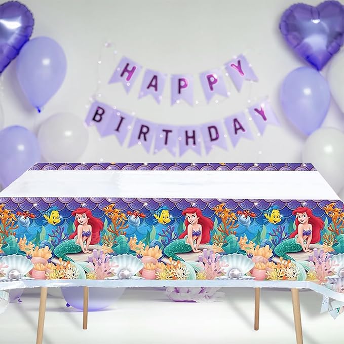 Little Mermaid Tablecloth, 2pcs Rectangular Plastic Table Cover, 70'' x 42'', Waterproof Birthday Party Supplies Decorations (2 Pack Blue Pink) 1
