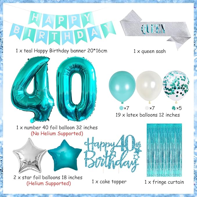 40th Birthday Decorations for Women Girls Teal - Queen Sash Happy Birthday Banner Cake Topper Number 40 Foil Balloon Foil Curtain for Turquoise Fortieth Birthday Decorations Party Supplies for Her