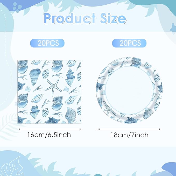 40pcs Ocean Seashell Party Supplies Beach Theme Party Decorations Tableware Set Summer Paper Plates and Napkins for Kids Birthday Baby Shower Decorations