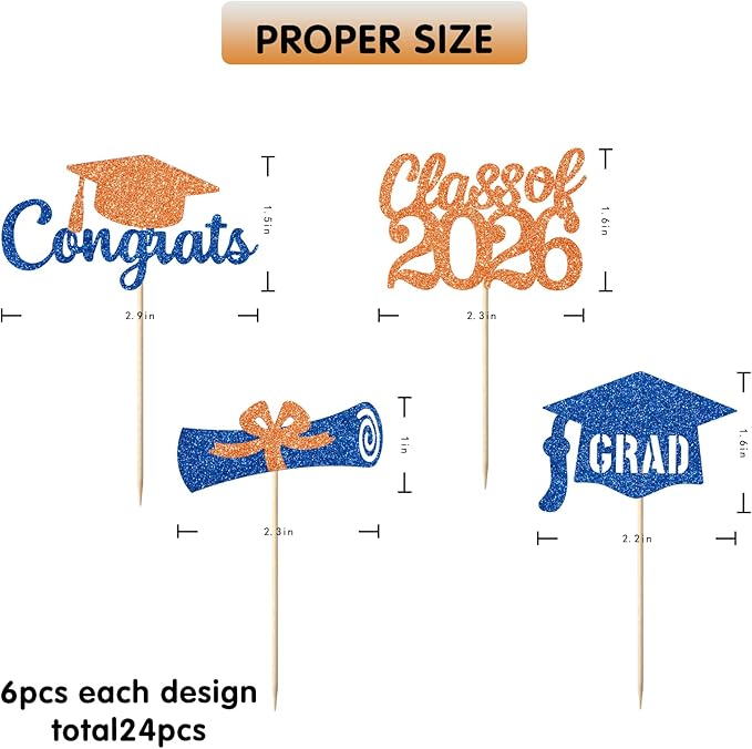 Blue and Orange Graduation Cupcake Toppers Decorations Class of 2026 Cupcake Topper Graduation Cup Cake Picks Congrats Grad Party Decor Supplies Set of 24