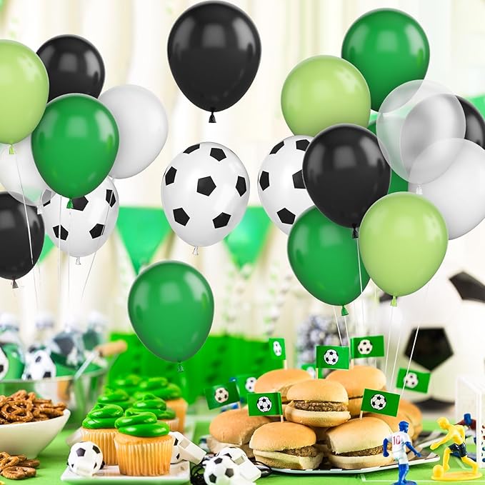 Soccer Birthday Party Balloons, 12 Inch Soccer Printed Balloons Dark Green and Black Balloons Clear Green and White Balloon for Boys Football Soccer Party Sports Anniversary Baby Shower Decorations