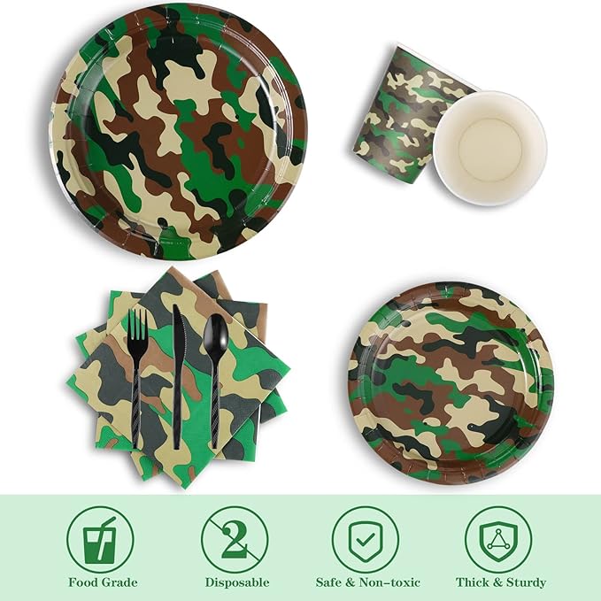 Rtteri 171 Pcs Camo Birthday Party Supplies Serves 24 Camouflage Themed Party Supplies Set with Camo Tablecloth Plates Napkins Cups Tableware Banner for Army Military Birthday Decorations