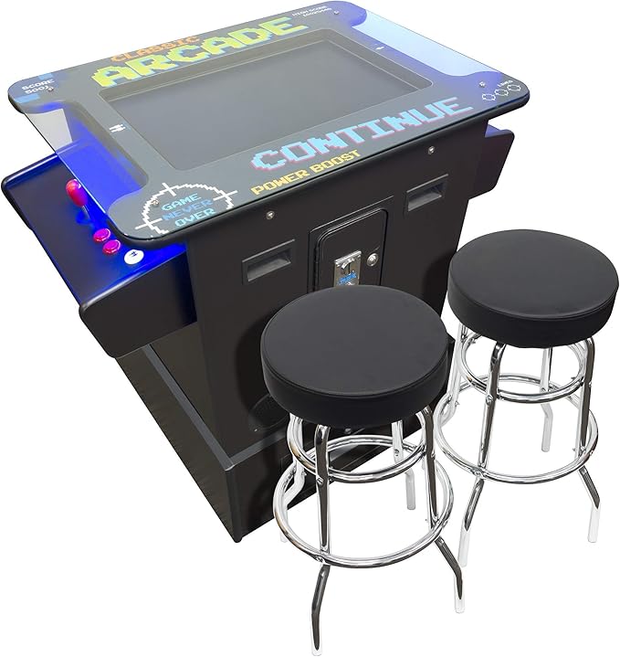 Full-Size Creative Arcades, Commercial Grade Cocktail Arcade Machine, 60 Classic Games, 2 Sanwa Joysticks, Included Stools, 26" Screen, Arcade Riser, 3Year Warranty, Top Square Glass
