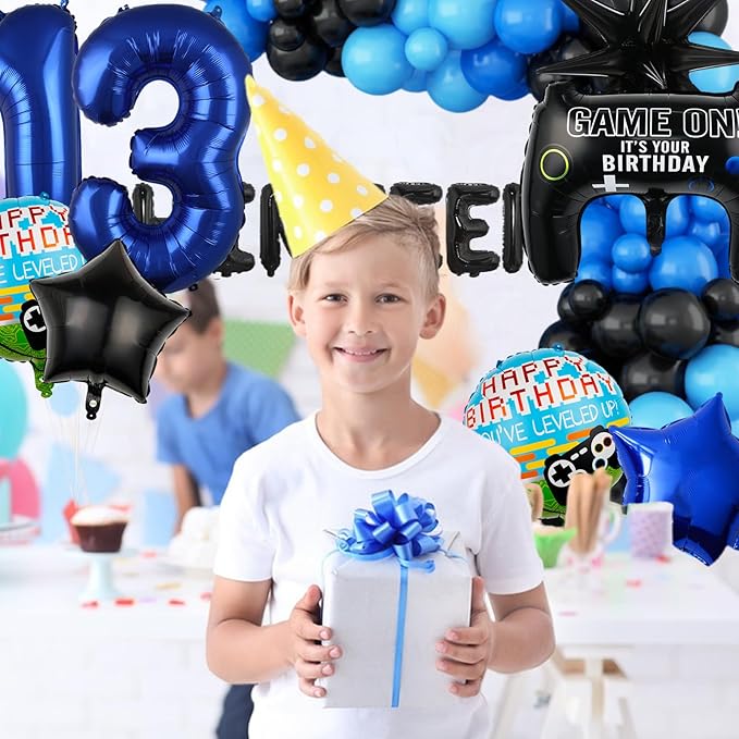 17pcs Video Game Themed Party Decorations, Number 13th Boys Birthday Party Supplies, Navy Blue Video Game Controller Mylar Foil Balloon, Video Game Party Decoration Supplies