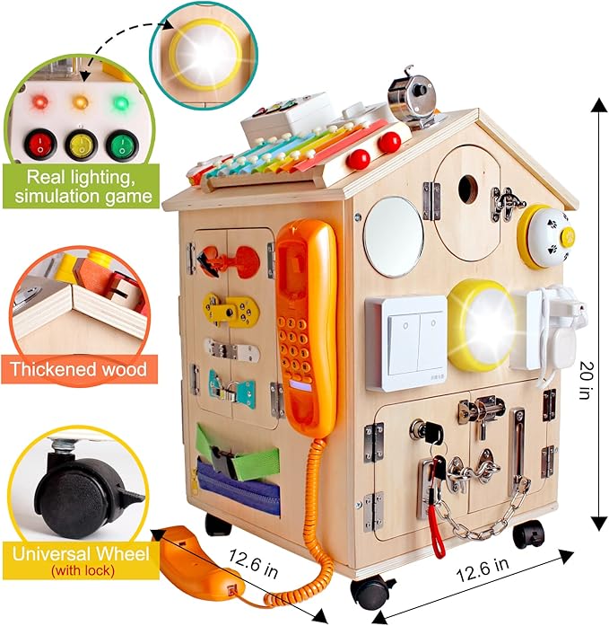 SHIERDU Montessori Wooden Busy House Basic Life Skills and fine Motor Training for Children, pre-School Education and Learning Busy Board, Sensory Game Toys, Large Gifts for Boys and Girls