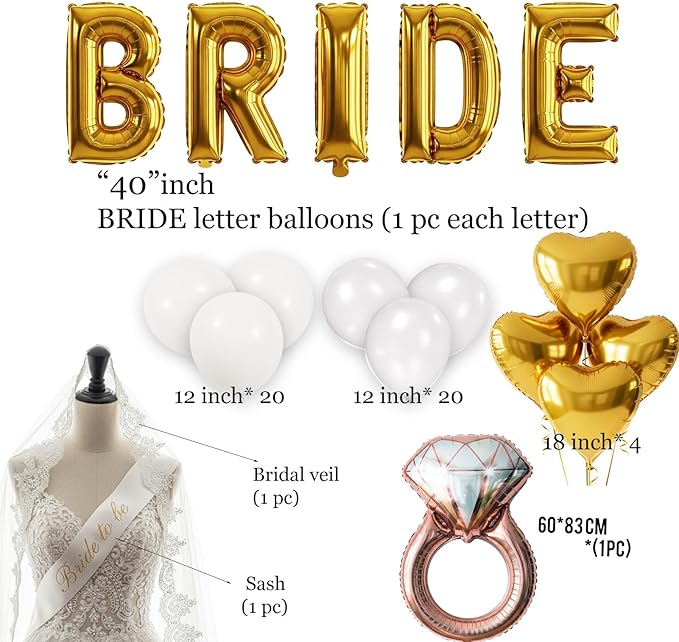 Gold Bridal Shower party decorations with huge 40in Gold BRIDE letter Pearl Balloons BRIDE to be Sash Bridal Veil Diamond Ring Heart shape Balloons For Bachelorette party Wedding supplies