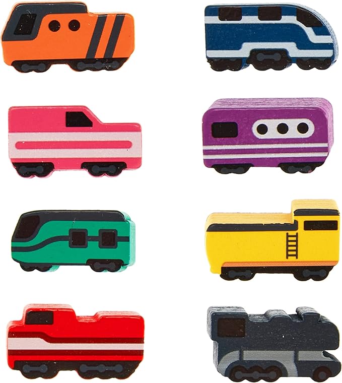 Brybelly 8-Pack Mexican Train Dominoes Tokens Premium Wood Upgrade Pack - Real Wood Markers Modeled After Real Trains - Detailed Colorful Screen Print - Great Gift - Board Game Tile Accessories