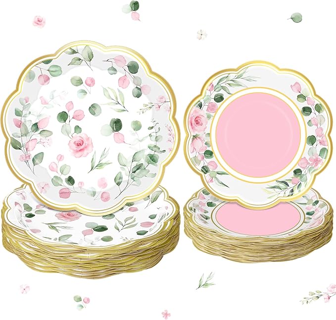 60 Pcs Eucalyptus Paper Plates 9 in and 7 in Pink Dessert Party Plates with Gold Rim Disposable Floral Shape Tableware for Wedding Birthday Party Baby Shower Bridal Shower