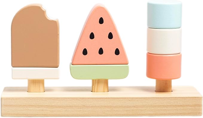 Pearhead Wooden Ice Cream Stacking Toy, Easter Basket Stuffers, Montessori Play Food Set for Fine Motor and Pretend Kitchen Play, Ages 12m+