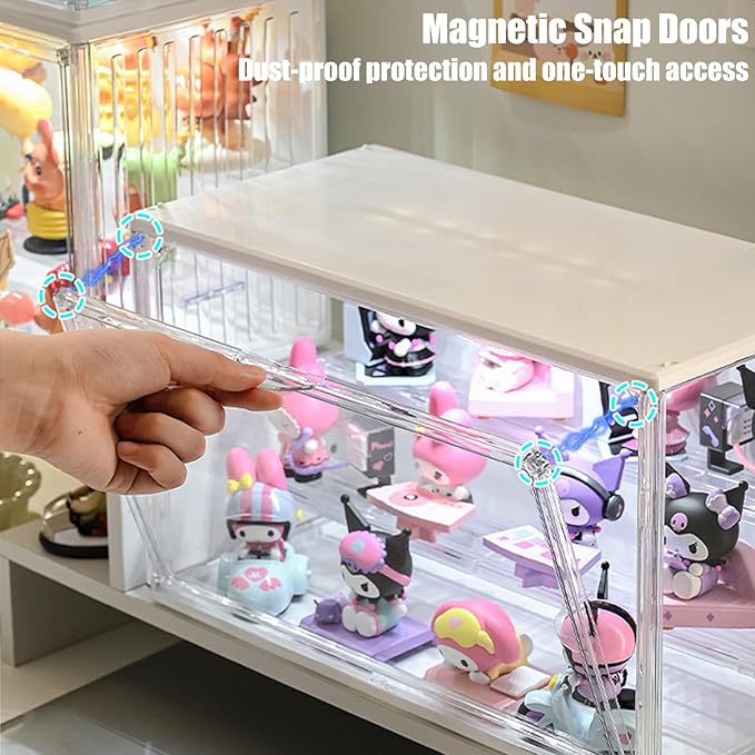 Acrylic Display Case for Collectibles with LED Light, 3-Tier Adjustable Figure Showcase, Stackable Magnetic Door for Lego Toys & Action Figures