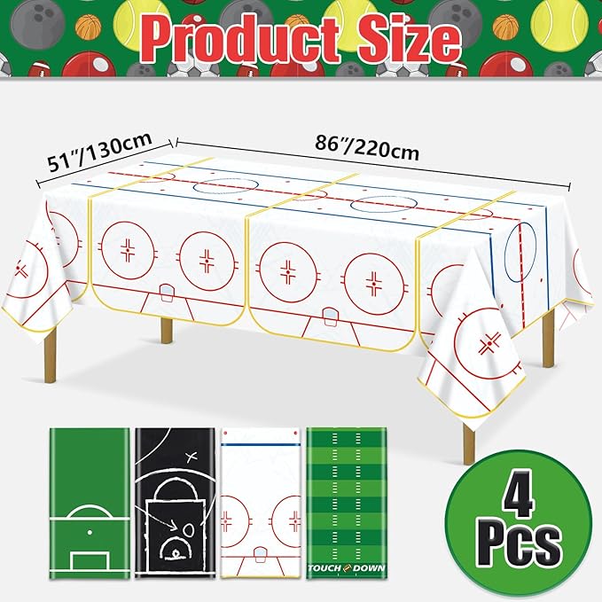 Sports Themed Party Tablecloths, Soccer Football Basketball Hockey Tablecloth for Sports Themed Decorations Boys Birthday Party Supplies, 4 Pack, 51 x 86 inch