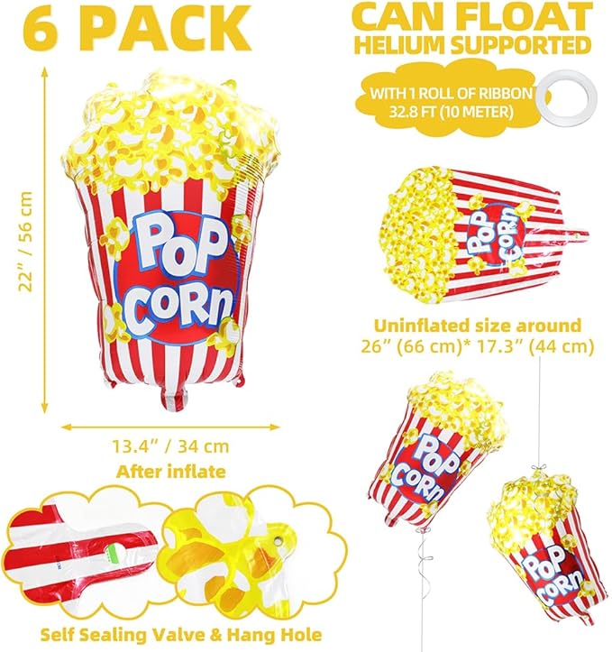 Cute Popcorn Balloon BBQ Cookout Snack Picnic Fast Food Party Decoration, 6 Pack Cartoon Popcorn Balloons For Birthday Baby Shower Bridal Wedding Hawaiian Tropical Movie Night Carnival Circus Supplies