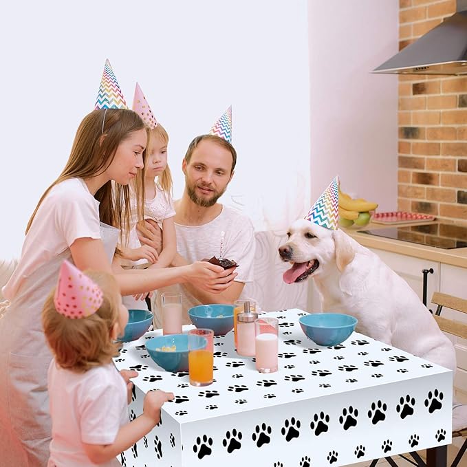 Tatuo 2 Pcs Puppy Paw Print Plastic Tablecloth Disposable Table Cover Puppy Themed Birthday Party Decorations for Dog Party Supplies (Black,108 x 54 Inch)