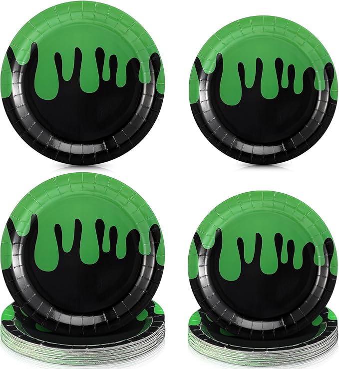 48 Pcs Ghost Party Paper Plates Green and Black Disposable Dessert Plates Set for Kids Boys Girls Birthday Themed Party Supplies Halloween Decorations, 7 Inches and 9 Inches