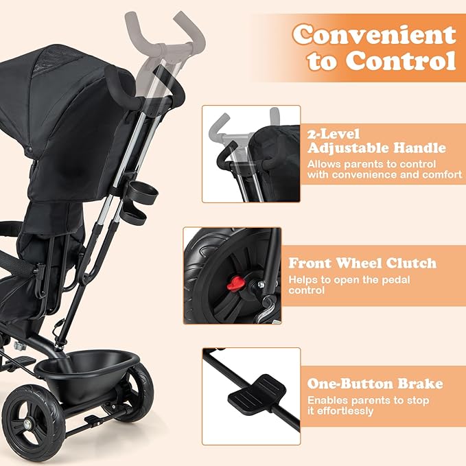 BABY JOY Tricycle, 4 in 1 Toddler Bike w/Removable Canopy, Adjustable Push Handle, Reversible Seat, Safety Belt, Folding Footrest & Storage Basket, Toddler Tricycle for Boys Girls 9-60 Months (Black)