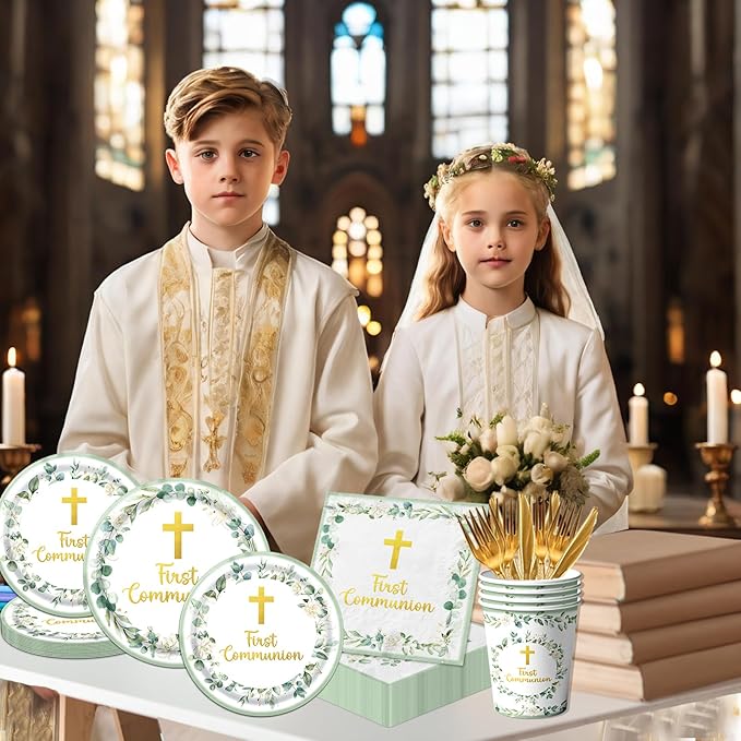 First Communion Decorations, First Communion Plates and Napkins Green Primera Comunion Decoracion First Communion Party Supplies for First Holy Communion Baptism Party Decorations Serves 25