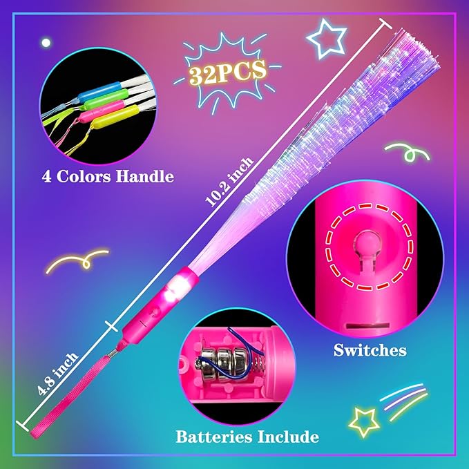 30 Pcs Colorful Glow Fiber Wands,Toys Glow Sticks Bulk Party Pack for Adults,Glow in the Dark Party Supplies for Mardi gras Easter Basket,football ,Wedding, Birthday,Classroom,Concert,Pool carnival