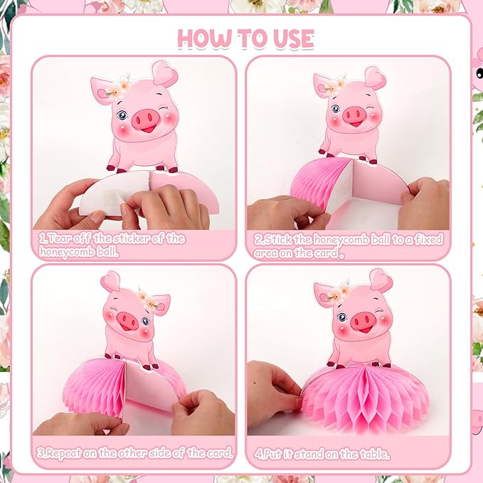 JOYMEMO 8 Pieces Pig Honeycomb Centerpieces for Tables - Pink Piggy Theme Birthday Decorations Girls, Pig Farm Animal Table Table Toppers for Barnyard Farmhouse Birthday Baby Shower Party Supplies