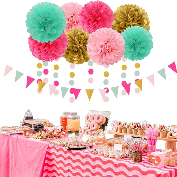 Mint Blush Hot-Pink Gold Party-Decorations - 30pcs Tissue Pom Poms Streamers, Girls Birthday Tassel Garland Banner,Wedding Engagement Baby Bridal Shower Bachelorette Brunch Decor Ouruola