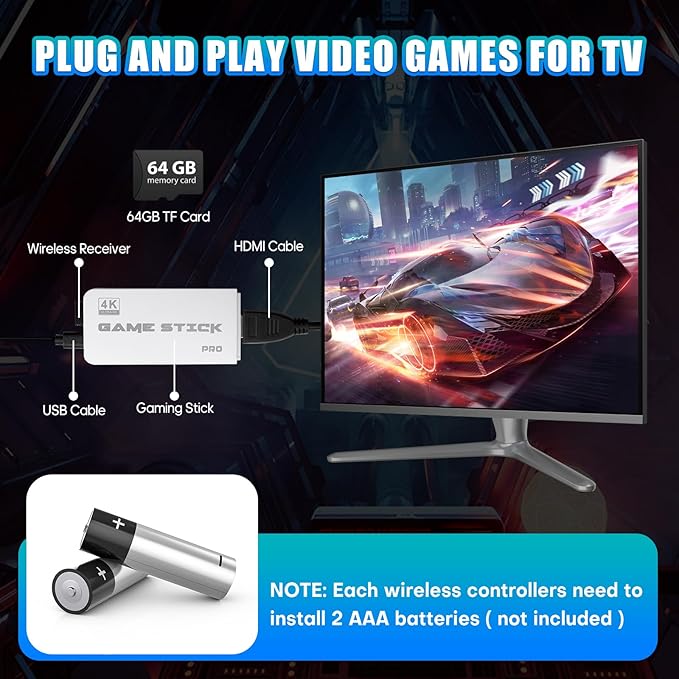 M15 Retro Gaming Console,Dual 2.4GHz Wireless Controllers,Retro Game Stick with 64GB TF Card,Support 23 Emulators,Game Stick 4K HDMI Plug and Play Video Games for TV