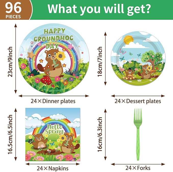 96Pcs Groundhog Day Decorations Tableware Set Happy Groundhog Day Paper Plates Napkins Forks Spring Animals February 2nd Ground hog Holiday Celebration Decor Party Supplies Serve 24 Guests