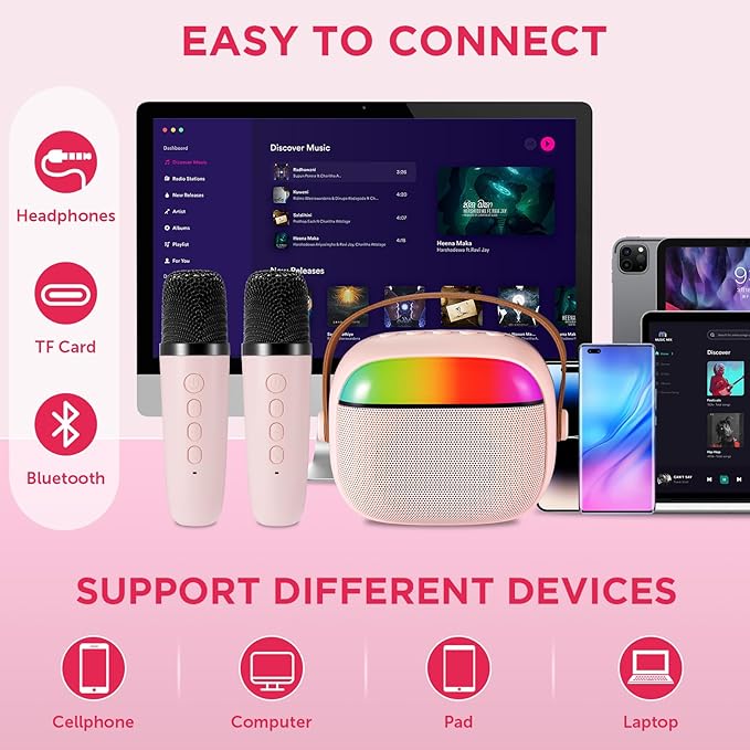 Kids Karaoke Machine,Portable Bluetooth Speaker with 2 Wireless Microphones, Gifts Toys for Girls 4, 5, 6, 7, 8, 9, 10 +Year Old Birthday Family Home Party(Pink)