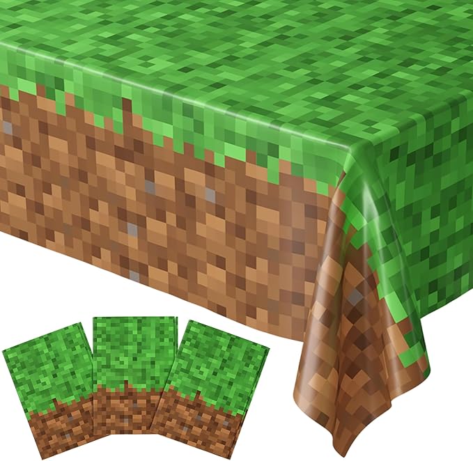 Blue Orchards Pixel Miner Table Cover (Pack of 3) - 54"x108" XL - Gamer Party Supplies, Mining Craft Party Decorations