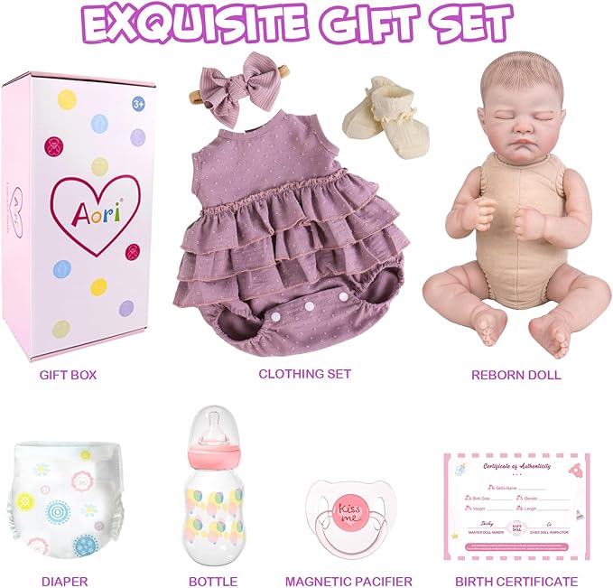 Aori Lifelike Reborn Baby Girl Dolls - Realistic 20-Inch Newborn Doll with Poseable Limbs and Feeding Kit, Weighted Real Life Reborn Baby Doll Gift Set for Seniors, Collectors and Kids 3+