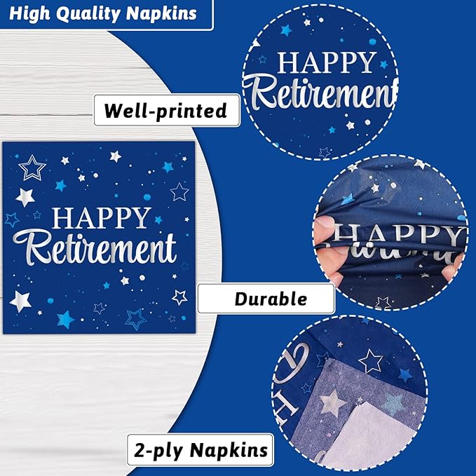 96Pcs Blue Retirement Plates and Napkins Blue Silver Retirement Party Decorations Blue Happy Retirement Party Supplies Disposable Party Paper Cake Dessert Plates for Men Woman Serves 24 Guests