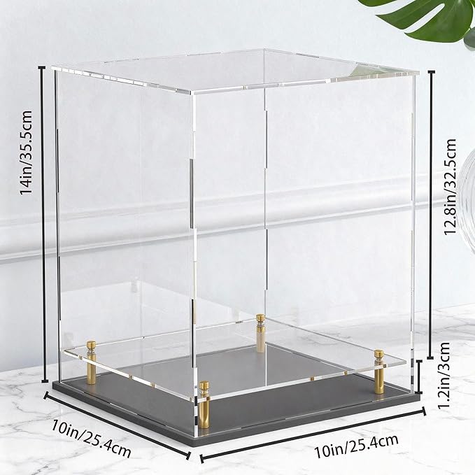 Acrylic Display Case for Collectibles, Dustproof Acrylic Box with Clear Display Elevation & Gold Risers, Large Display Case for Figures Toys Memorabilia, 10" L x 10" W x 14" H