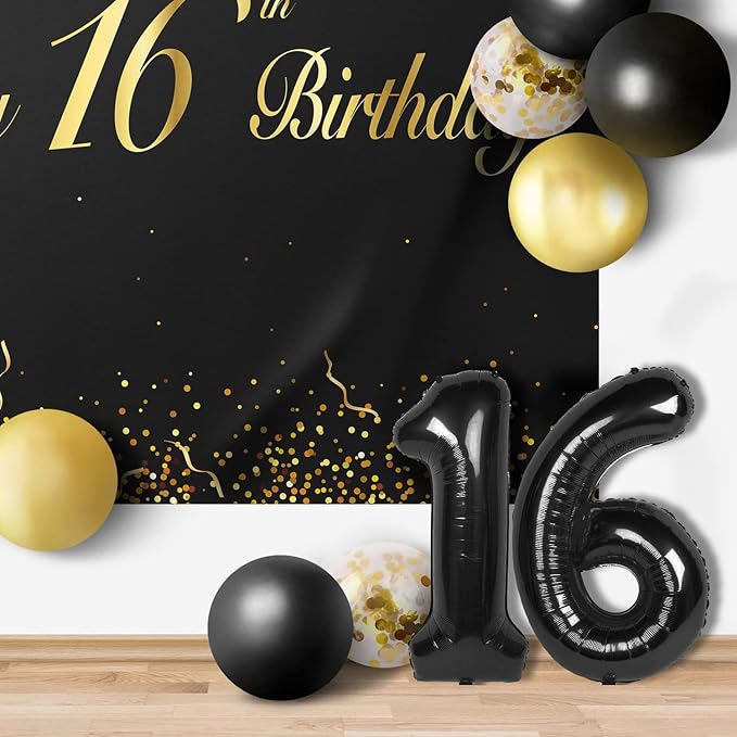 Happy 16th Birthday Balloons Black Set Decor - Cheers to 16 Years Old Party Theme Garland Banner Backdrop Decorations For Boy and Girl Supplies