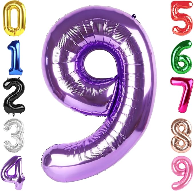 40 Inch Purple Number 9 Balloon, Giant 9 Number Balloons for 9th Birthday Decorations, Party Supplies for Baby Boy Girl, Purple Party Decor