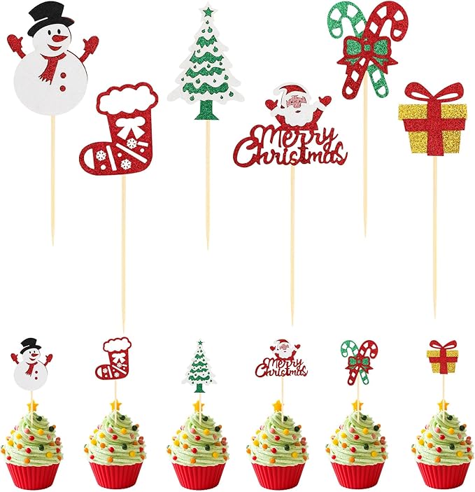 Christmas Cupcake Toppers Cake Decorations, 24 PCS Merry Christmas Cake Topper, Glitter Santa Clus Snowman Xmas Tree Decorative Cupcakes Ficks Food Picks for Xmas Holiday Party Decoration Supplies