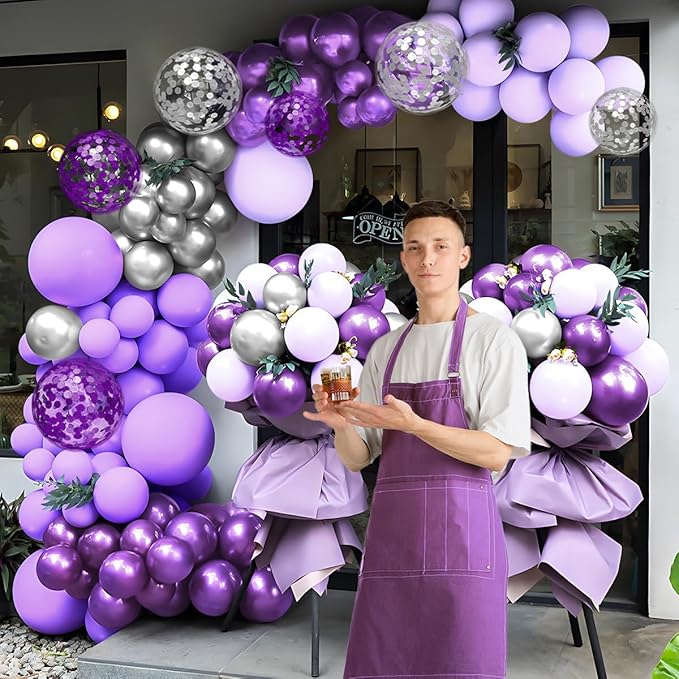 Purple and Silver Balloon Garland Arch Kit, 155Pcs Lavender Pastel Purple Lilac and Silver Confetti Balloons for Girls Women Wedding Birthday Baby Shower Graduation Party