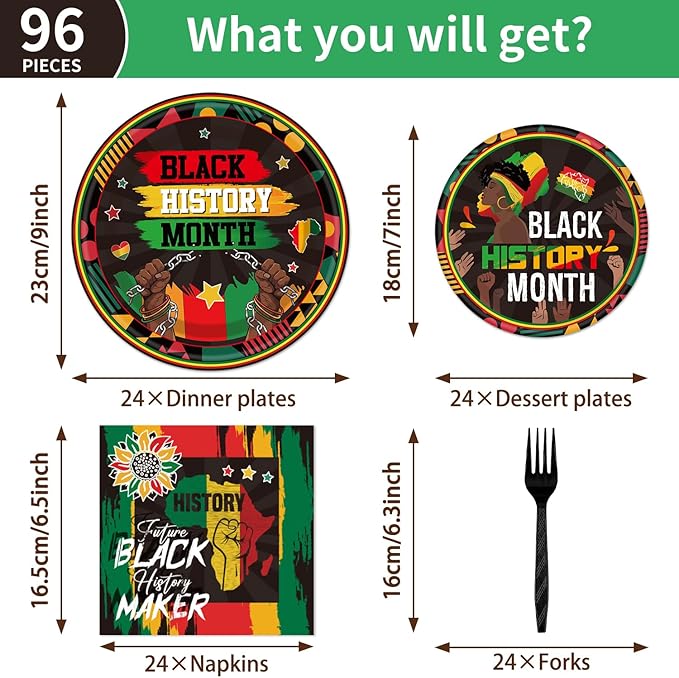Black History Month Decorations - 96PCS Black History Plates and Napkins Party Supplies African American Black History Decor Freedom Day BHM Disposable Tableware Set Serve 24 Guests