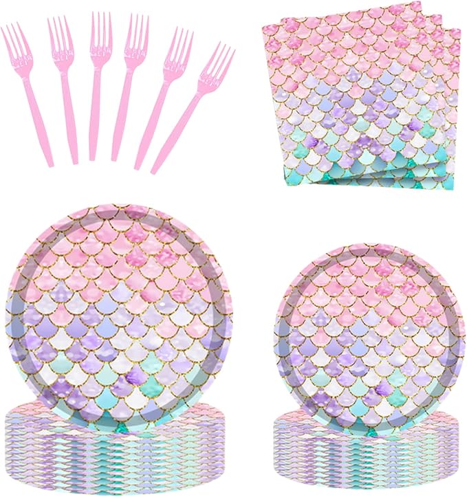 96 Pcs Mermaid Birthday Party Decorations Plates Set for 24 Guests,Little Mermaid Party Supplies Ocean under the Sea Tableware Plate, Fork, Napkins for Princess Girls Baby Shower