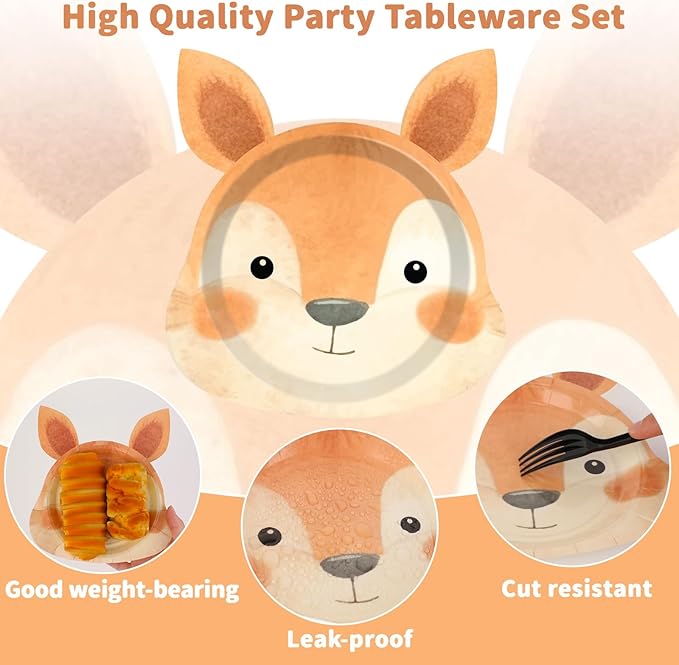 60 Count Woodland Party Paper Plates Animal Shaped Disposable Plates Woodland Creatures Tableware Forest Birthday Decorations for Birthday Baby Shower Animal Theme Party Favors