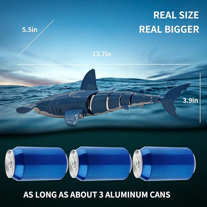 Remote Control Shark for Pool｜1:18 RC Shark & Dual Motors｜One-Touch Dive to 5 ft｜LED 2.4GHz Waterproof RC Submarine Hammerhead Shark Toy｜ Pool Party Gifts for Boys Ages 6-12(2 Batteries)