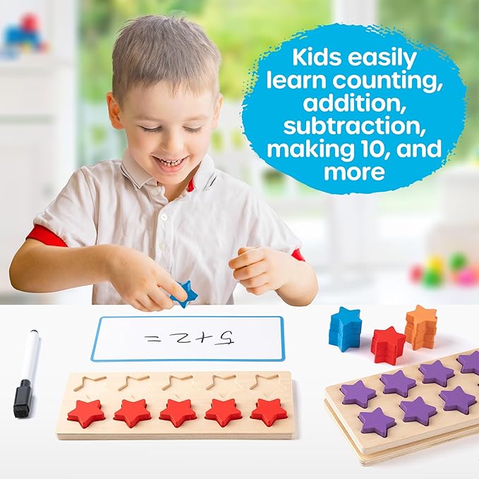 SYNARRY Wooden Ten-Frame Set Math Manipulatives for Kindergarten Classroom Elementary 1st 2nd Grade, Montessori Toys Gifts for 3-8, Addition and Subtraction Counters Math Games for Kids Ages 6-8