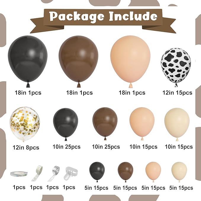 170Pcs Western Cowboy Balloon Garland Arch Kit, Black Brown Confetti Cow Print Balloons for Hourse Western Farmland Cowboy Cowgirl Animal Themed Baby Shower Birthday Party Decorations Supplies