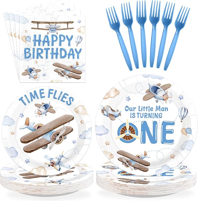 96Pcs Time Flies 1st Birthday Party Decorations Airplane 1st Birthday Plates and Napkins Sets Airplane Theme First Decorations for Boys Girls One Year Old Baby Shower Party Supplies Serves 24