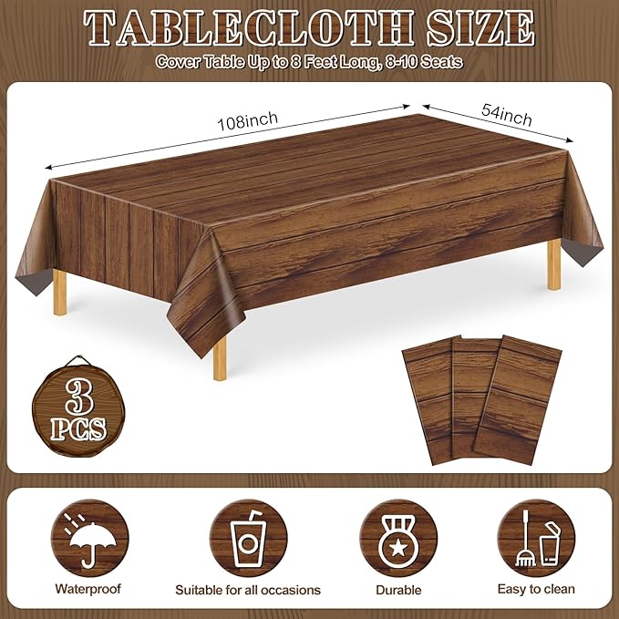 3 Pack Wood Grain Plastic Tablecloth, 54 X 108Inch Rustic Wood Table Covers for Rectangle Table Disposable Vintage Farmhouse Tablecloths for Cowboy Western Barn Birthday Baby Shower Party Supplies