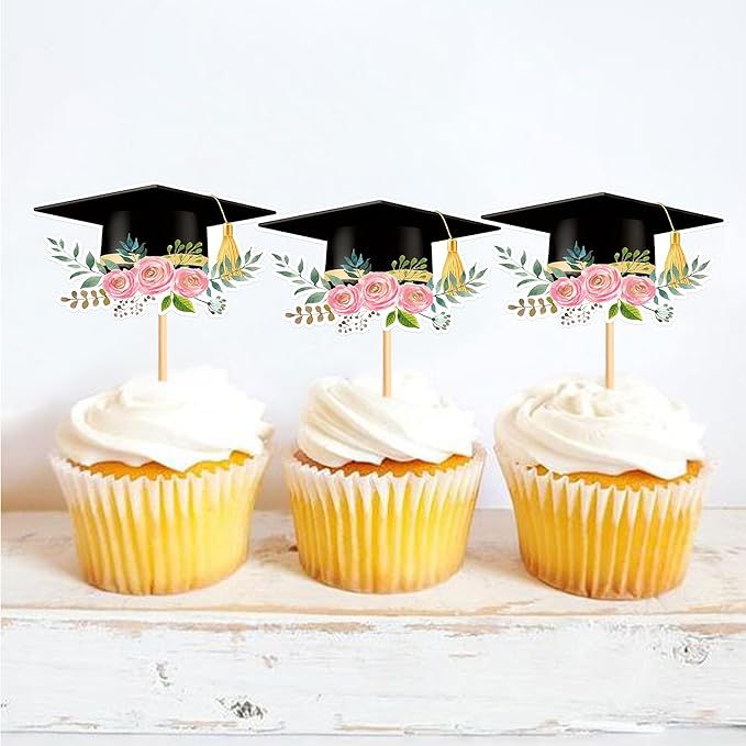 Cyodoos24 PCS Graduation Theme Cupcake Toppers Flower Graduate Cupcake Picks Students Graduation Theme Party Cake Decorations Supplies