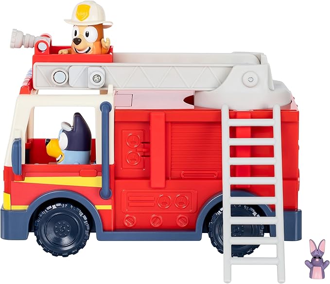 Bluey Firetruck Toy Playset with Firefighter Bingo, Bluey & Bob Bilby, Toddler Fire Truck w/ Spinning Ladder, Water Hoses for Kids Ages 3+