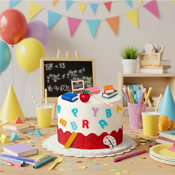 Soulchen 10 Pcs School Cake Decorations Apple Easel Book Pencil Stationery Welcome Party Favor for Classroom Themed Party Supplies