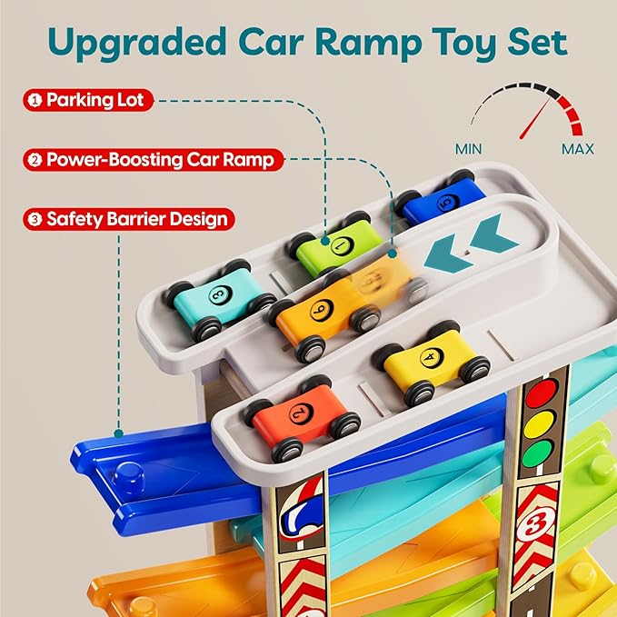 TOP Bright Wooden Race Track Car Ramp Toys for Toddlers 1-3 Years Old with 6 Mini Cars, 1 Car Garage & Extra Bridges, Toddler Montessori Toys for 1 Year Old Boys Girls Birthday